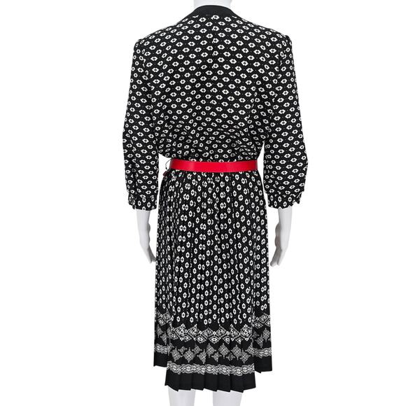 Vintage 70's Damask A-Line Pleated Midi Dress Black XL - Picture 2 of 7
